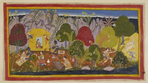 Añade 15296 (1) f.71r, Antes de instalarse en la cabaña, hay que hacer oblaciones a las deidades presidentes. Laksmana caza un ciervo a la derecha, y vuelve a la cabaña para cocinarlo; Rama ofrece parte de él como sacrificio. Los dos hermanos comen entonce