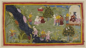 Añadir 15296 (1) f.79r, Dasaratha cuenta a las reinas el incidente de su juventud cuando mató accidentalmente al hijo de un sabio mientras cazaba. A la izquierda, Dasaratha apunta por error con su arco a través de los árboles al joven, que está llenando su de Indian School