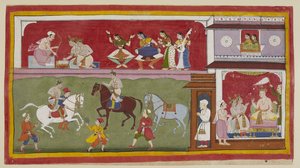 Add 15296 (1) f.7r, A la derecha en el palacio, los príncipes le piden al rey maestros de religión, artes y ciencias, mientras arriba, dos damas en una ventana alfombrada jharokha miran hacia abajo sobre ellos a la izquierda mientras practican equitación e