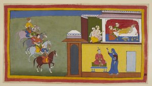 Add 15296 (1) f.83r, Los cuatro mensajeros a caballo se acercan a la ciudad de Kekaya, mientras los asistentes tratan de despertar a Bharata, quien ha tenido sueños alarmantes acerca de su padre. En uno de ellos, que se muestra a continuación, el rey vesti