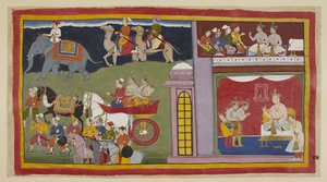 Add 15296 (1) f.84r, Los mensajeros, en una cámara superior, dicen a los príncipes que regresen a Ayodhya. Abajo, en la sala del trono, vestidos para el viaje, los príncipes se despiden del rey Kaikeyi y de su hijo Yudhajit. Se sientan en un carro con el m de Indian School