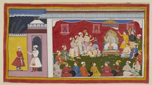 Add 15296 (1) f.8r, Dasaratha está sentado en su trono en pleno durbar, con Rama y Laksmana arrodillados a su lado, mientras el mensajero enviado por Bharata desde la corte de su abuelo le dice al rey Sitae cuán diligentemente están estudiando sus otros do de Indian School