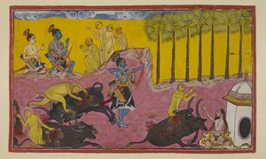 Add 15296 (2) f.12r, Sugriva y sus monos, vistos arriba a la izquierda, continúan contándoles a Rama y Laksmana la historia de Bali y Dundubhi. Bali era tan poderoso que fue capaz de desgarrar al demonio miembro por miembro y luego lanzar el cadáver al air de Indian School