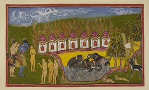 Add 15296 (2) f.15r, Sugriva ha sido derrotado y reprocha a Rama por no ayudarlo, pero Rama le dice que no pudo distinguir entre él y su hermano. En su camino de regreso a Kiskindha para renovar su desafío, Rama y Laksmana saludan al Saptaj