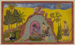 Add 15296 (2) f.30r, En el monte Prasravana, los dos príncipes esperan hasta la llegada del otoño y de la estación para ir a la guerra, mientras tanto se deleitan con la belleza de la flora y la fauna de la montaña y las maravillas de la temporada lluviosa de Indian School