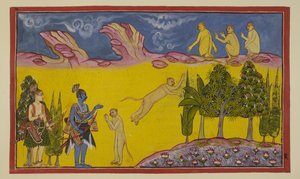 Add 15296 (2) f.3r, Sugriva se asusta al principio, pensando que estos guerreros armados han sido enviados por su hermano usurpador Bali para destruirlo. Envía a su sagaz ministro Hanuman para averiguar más sobre los dos extraños. Hanuman se presenta de Indian School