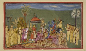 Add 15296 (2) f.56r, Rama le pregunta a Sugriva, quien previamente había descrito las cuatro partes del mundo, cómo llegó a conocerlas tan bien. Sugriva le dice que su hermano Ba lo persiguió a través de los cuatro cuartos. de Indian School