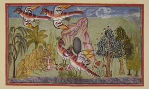 Add 15296 (2) f.74r, las alas de Sampati vuelven a crecer, de acuerdo con la profecía de que lo harían cuando hubiera prestado un servicio al mundo al enterarse de dónde habían llevado a Sita, lo que le permitió a Rama recuperarla. Los monos exclaman marav de Indian School