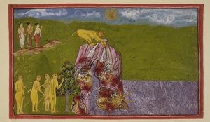 Add 15296 (2) f.81r, En las orillas del gran océano, los monos estaban consternados de cómo podrían cruzarlo para llegar a La?k?. Angada les preguntó a todos qué tan lejos podían saltar, pero ninguno confiaba en saltar tan lejos, hasta que Jambavan instó a de Indian School