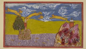 Add 15296 (2) f.84r, Sin desanimarse por la anchura del océano, Hanuman se hincha hasta alcanzar un tamaño inmenso y, utilizando la montaña Mahendra, aún en llamas, como plataforma de lanzamiento, se lanza al espacio y cruza el océano hasta el reino insula de Indian School