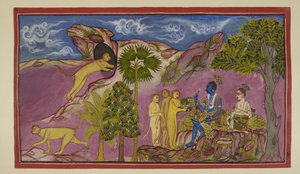 Add 15296 (2) f.9r, Sugriva le dice a Rama que ha visto a Sita siendo llevada en un carro por Ravana, luchando y gritando los nombres de Rama y Laksmana. Al verlo abajo, dejó caer sus joyas y una prenda superior. Sugriva corre hacia una cueva en