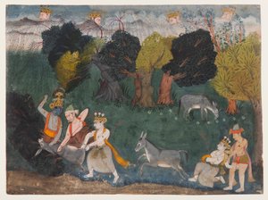 Balarama mata al demonio del culo, página de una serie dispersa del Bhagavata Purana, c.1725 (acuarela opaca y plata sobre papel) de Indian School