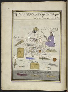 Cestero y su esposa,  86 dibujos encuadernados en un volumen que representa oficios y ocupaciones en Cachemira, se muestra a los artesanos trabajando con sus implementos y equipos,  Por un artista de Cachemira, probablemente en Srinagar, c.1850-60 (gouache de Indian School