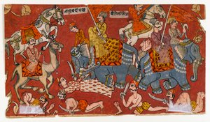 Escena de batalla de una serie del Bhagavata Purana, c.1625-50 (acuarela y oro sobre papel) (verso de 499329) de Indian School