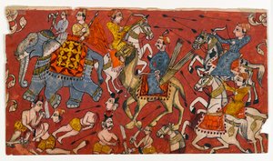 Escena de batalla de una serie del Bhagavata Purana, c.1625-50 (acuarela y oro sobre papel) (anverso de 499330) de Indian School