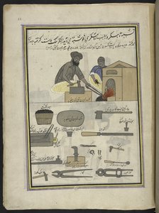 Herrería,  86 dibujos encuadernados en un volumen que representa oficios y ocupaciones en Cachemira, se muestra a los artesanos trabajando con sus implementos y equipos,  Por un artista de Cachemira, probablemente en Srinagar, c.1850-60 (gouache sobre pape