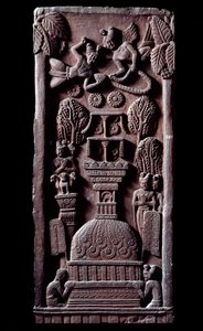 Budismo: “Mahaparinirvana, fin de la existencia terrenal del Buda, alcanzando el nirvana” (detalle) del stupa de Bharhut. Bajorrelieve de piedra negra, siglo II a.C. Kolkata, Museo Indio de Indian School