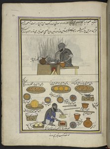 Preparadores de alimentos cocinados y kebab,  86 dibujos encuadernados en un volumen que representa oficios y ocupaciones en Cachemira, se muestra a los artesanos trabajando con sus implementos y equipos,  Por un artista de Cachemira, probablemente en Srin