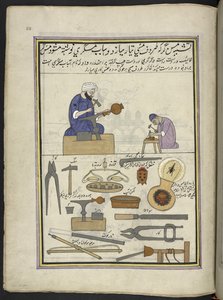 Cobreros que fabrican vasijas de cobre,  86 dibujos encuadernados en un volumen que representa oficios y ocupaciones en Cachemira, se muestra a los artesanos trabajando con sus implementos y equipos,  Por un artista de Cachemira, probablemente en Srinagar,