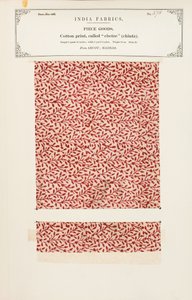 Muestra de algodón con estampado chetee (chintz) de Arcot en Madrás, de La Colección de los Fabricantes de Textiles de la India, por John Forbes Watson, publicada en 1866 de Indian School