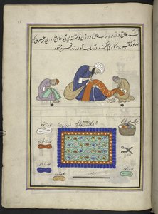Artesanos bordando alfombras de fieltro ‘(namda),’  86 dibujos encuadernados en un volumen que representa oficios y ocupaciones en Cachemira, se muestra a los artesanos trabajando con sus implementos y equipos,  Por un artista de Cachemira, probablemente e de Indian School