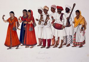Bailarinas y músicos, c.1828 (litografia en color) de Indian School