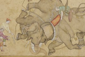 (detalle) Combate de elefantes, con borde de arabesco floral de Indian School