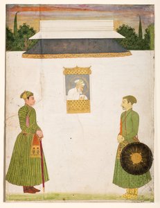 Emperador Aurangzeb en una ventana jharokha, dos nobles en primer plano, c.1710