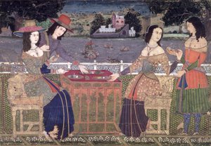 Europeos refrescándose en un balcón, Mughal, posiblemente Deccan de Indian School