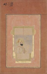Farrukh Siyyar sentado en una ventana, sosteniendo un sarpech dorado de Indian School