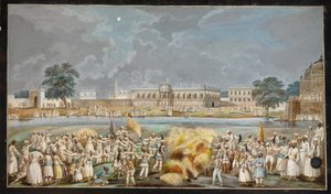 Exhibición de fuegos artificiales en una brillante noche de luna afuera del Agna Mahal, parte del palacio de Nawab junto al río en Murshidabad, c.1790-1800 (acuarela en papel) de Indian School