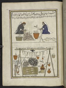 Pescaderos, Mujeres destripando pescado; hombre secando pescado,  86 dibujos encuadernados en un volumen que representa oficios y ocupaciones en Cachemira, se muestra a los artesanos trabajando con sus implementos y equipos,  Por un artista de Cachemira, p de Indian School