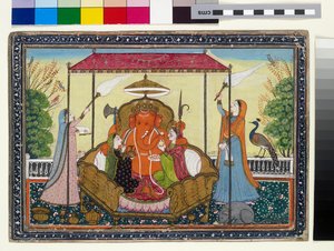 Ganesha con sus esposas y asistentes