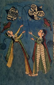Niñas volando cometas, pintura folclórica de Kulu, Himachal Pradesh