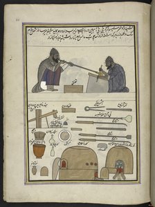 Soplador de vidrio,  86 dibujos encuadernados en un volumen que representa oficios y ocupaciones en Cachemira, se muestra a los artesanos trabajando con sus implementos y equipos,  Por un artista de Cachemira, probablemente en Srinagar, c.1850-60 (gouache  de Indian School