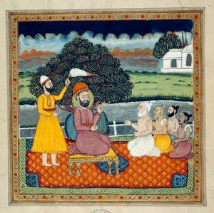 Guru Nanak, el fundador de la religión sij, en disputa con los santos hindúes de Indian School