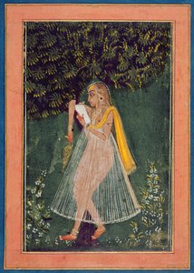 Dama hindú leyendo una carta de amor bajo un árbol (gouache, tinta y oro sobre papel) de Indian School