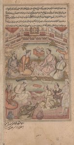 Eruditos hindúes y musulmanes traducen el Mahabharata del sánscrito al persa, ilustración del Razmnama, 1598-99 de Indian School