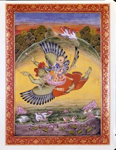 Hinduismo: representación del pájaro Garuda llevando a Vishnu, una gran deidad hindú, y a su esposa Lakhmi