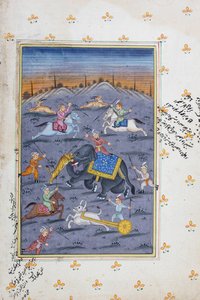 Escena de caza, pintura en miniatura de Rajastán de Indian School