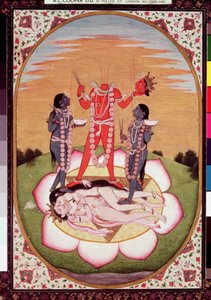 Icono de Chinnamasta, la Mahavidya surgida de los cuerpos unidos de la Pareja Originaria, Kangra, c.1800 (gouache sobre papel)