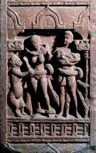 Arte indio: Sundarananda ayudando a Sundari en su aseo. Periodo Kouchane de Indian School