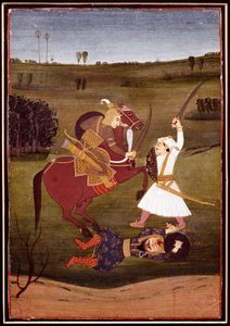 Arte indio: "batalla entre un príncipe a caballo y un guerrero" Un demonio tendido en el suelo. Miniatura de la escuela de Bikaner. 1765 Colección privada de Indian School