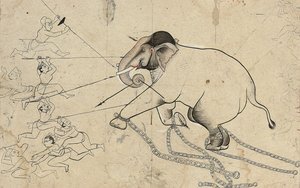 Isarda o Kotah, Dibujo Preparatorio del Domado de un Elefante de Indian School