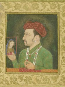 Jahangir sosteniendo una imagen de la Virgen, inscrita en persa: Janhangir Shah, mogol de Indian School