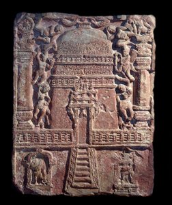 Tabla jainista de homenaje instalada por Vasu, la hija de la cortesana Lavana Sobhika (relieve de arenisca roja, Imperio Kushan) de Indian School