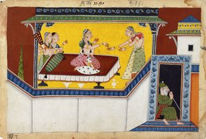 Kaikeyi, la segunda reina del rey Dasaratha, recompensando a la sirvienta jorobada Manthara, c.1690-1700