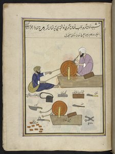 afiladores de cuchillos,  86 dibujos encuadernados en un volumen que representa oficios y ocupaciones en Cachemira, se muestra a los artesanos trabajando con sus implementos y equipos,  Por un artista de Cachemira, probablemente en Srinagar, c.1850-60 (gou