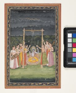Krishna Rendezvous With Gopis (gouache y pan de oro sobre papel)