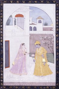 Krishna sostiene una flor de loto, su amante en un sari rosa, c. 1800 de Indian School